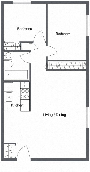 Floor plan for 2 beds, 1 bath, 670 sqft